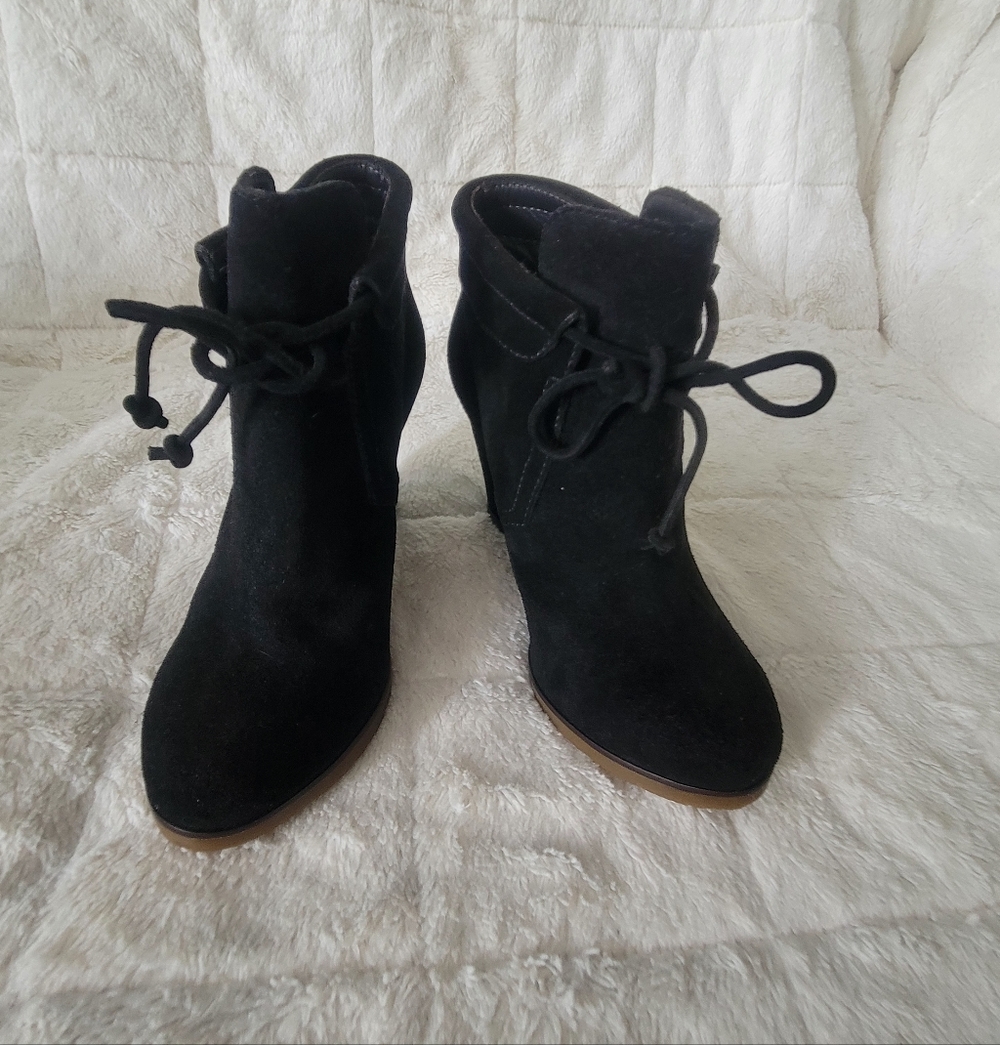 Tila March Paris Ankle Boots Black Suede Wedge Booties Lace Size 36 Brazil